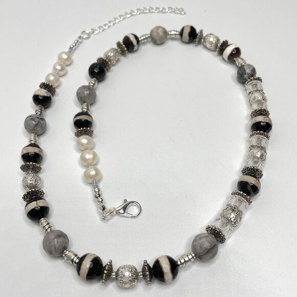Stunning Agate Picasso Jasper Freshwater Pearl Beaded Necklace Silver Plated - Picture 1 of 7